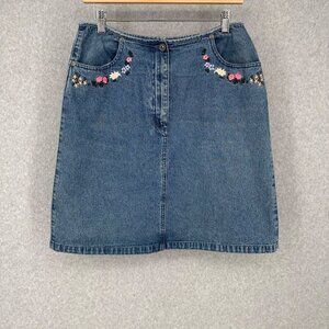 Vintage Floral Embroidered Denim Skirt Size 10 Cottage Boho Romantic Rodeo